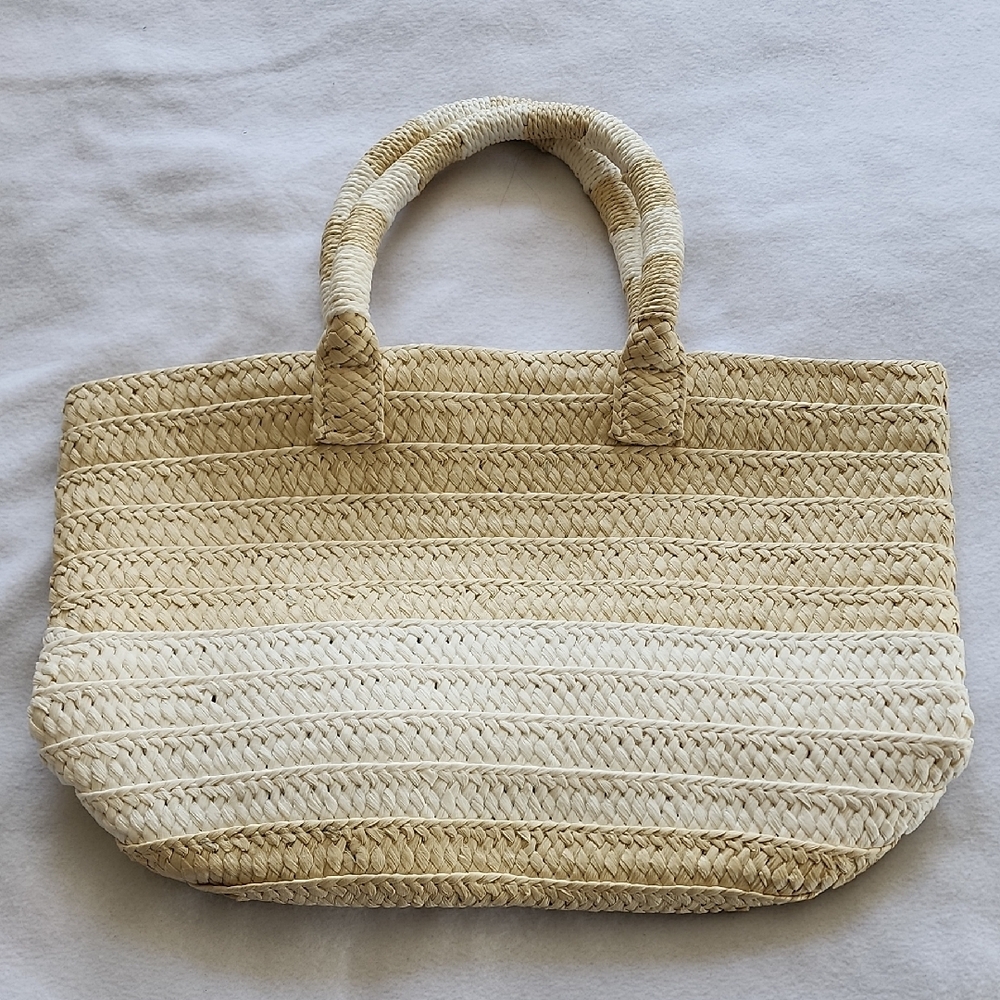 Cream and Tan Gradient Woven Tote Bag